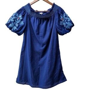 BEACHLUNCHLOUNGE Blue Embroidered Cotton Shift Dress Smocked Neck M